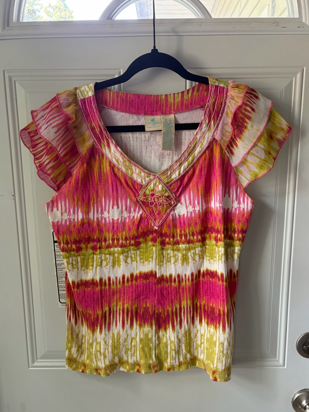 Caribbean Joe Pink and Lime Ikat Flutter Sleeve Embellished Top 🌺